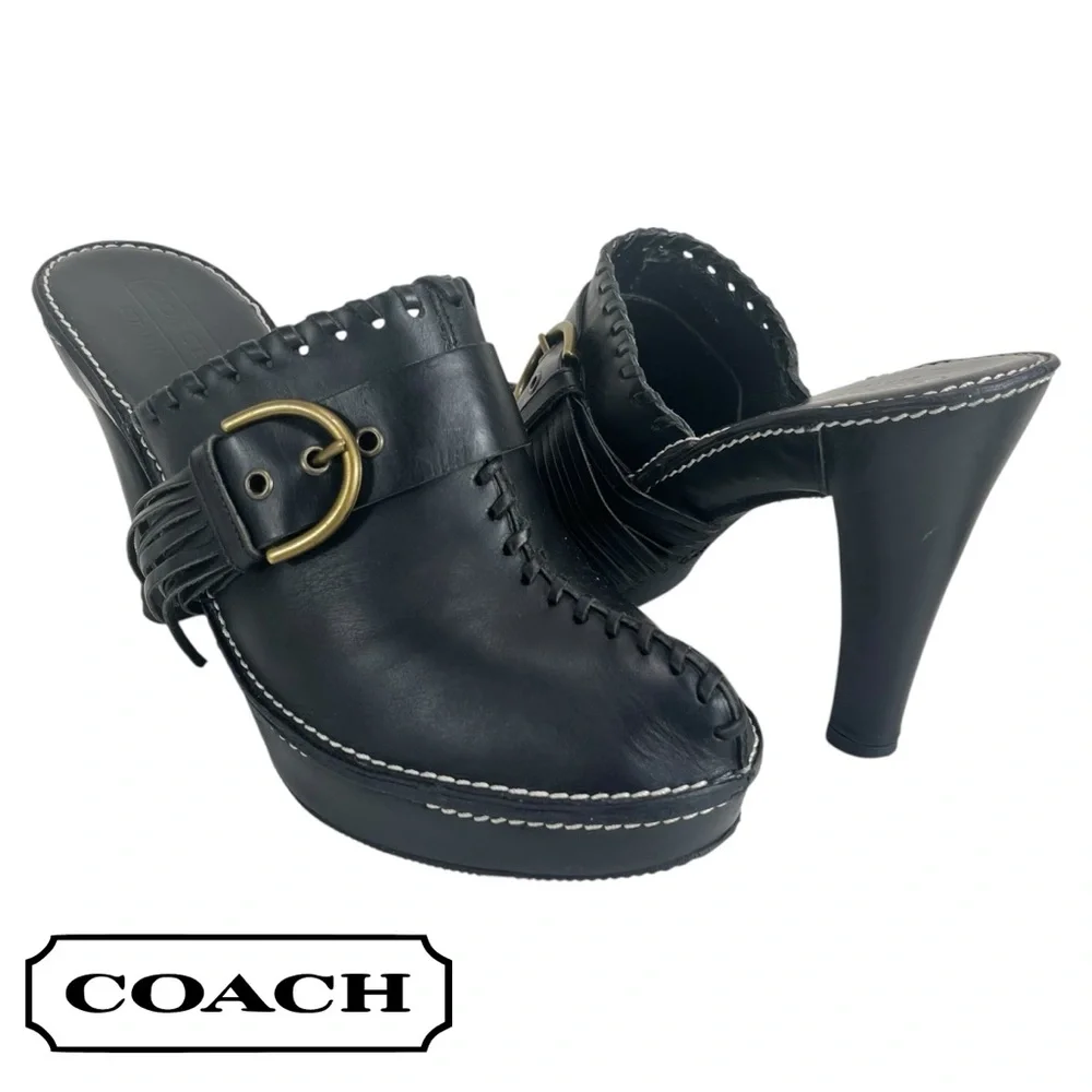 Coach Women 9B Katryna Black Leather 4.5” Heeled Mules‎ Clog Buckle & Fringe